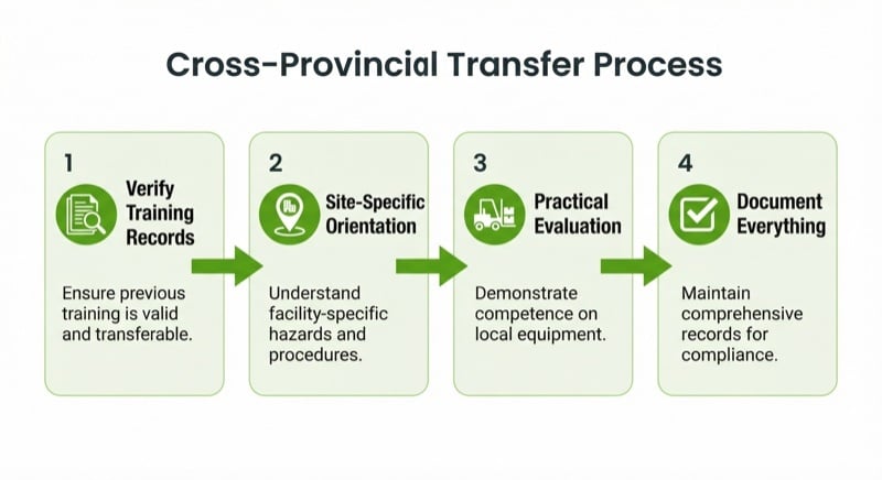 Cross-provincial forklift certification transfer process: verify records, site orientation, practical evaluation, document everything