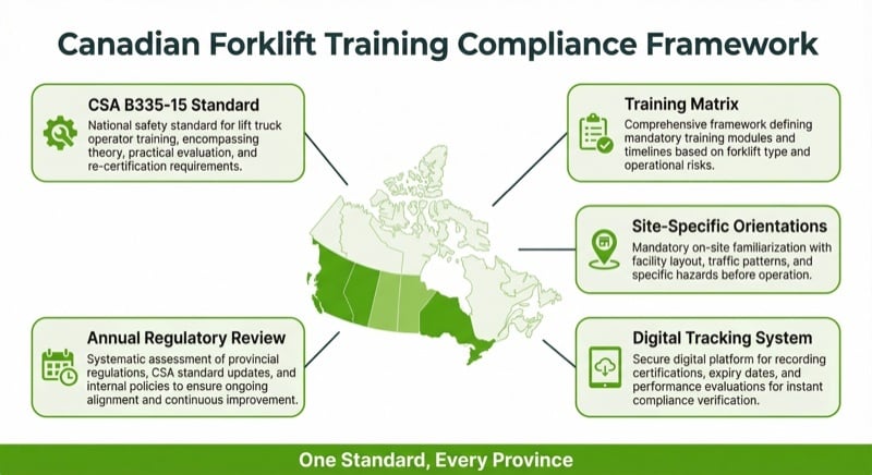 Multi-province forklift compliance framework showing CSA B335-15 standard, training matrix, site orientations, digital tracking, and annual regulatory review