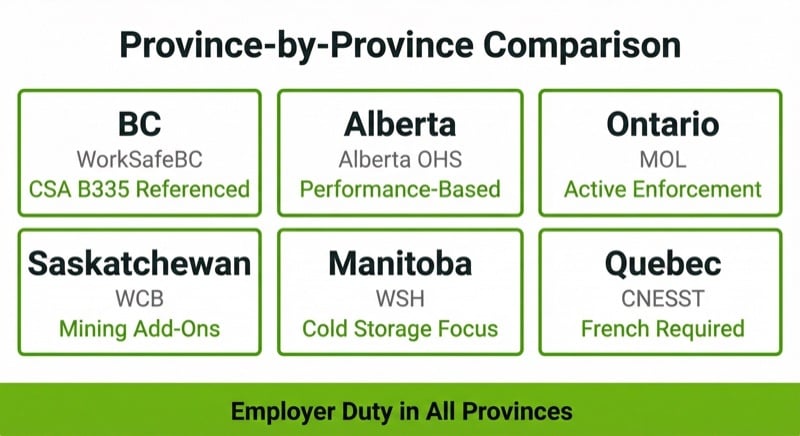 Province-by-province comparison of Canadian forklift training requirements: BC, Alberta, Ontario, Saskatchewan, Manitoba, and Quebec