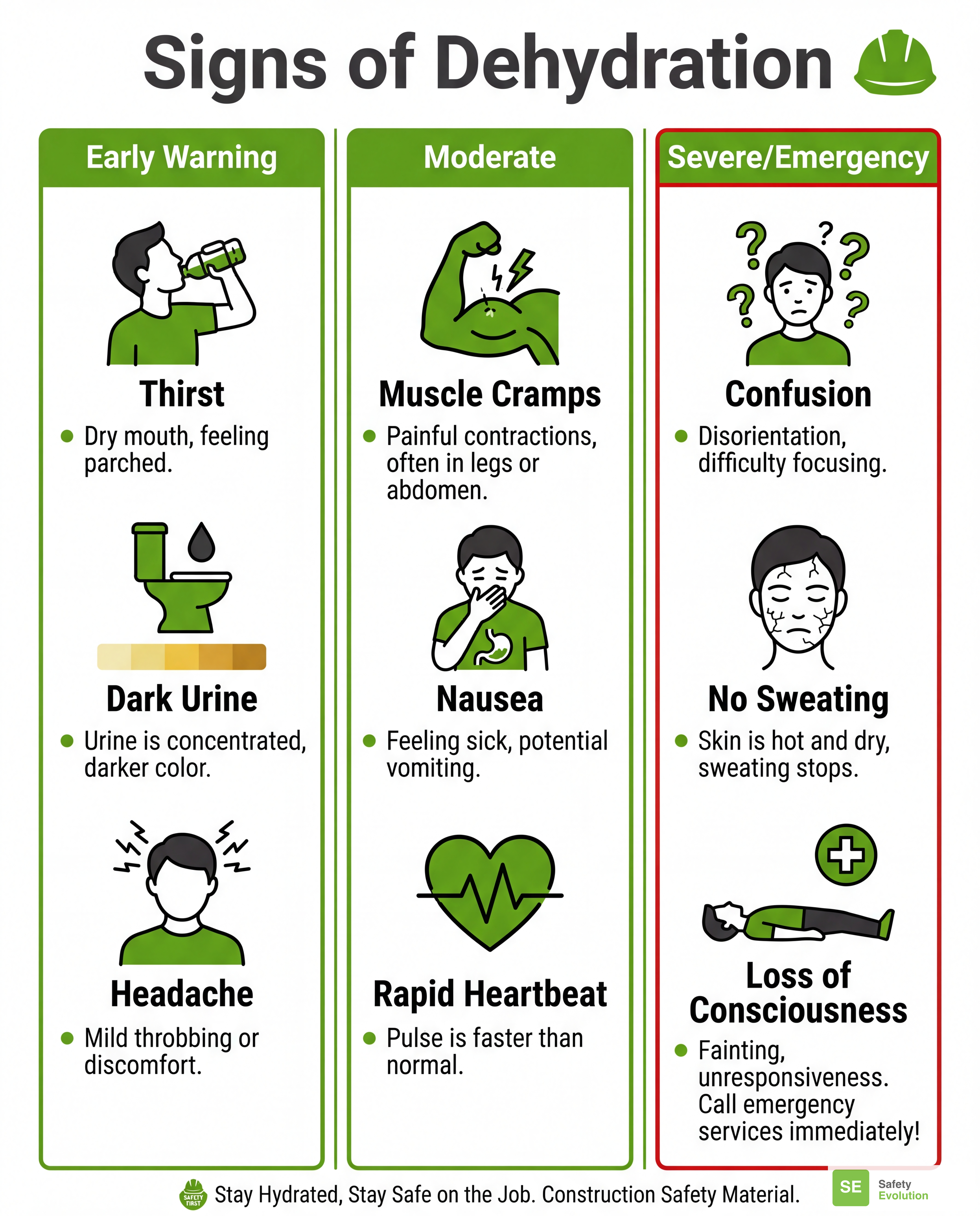 Infographic showing early, moderate, and severe dehydration signs for construction workers