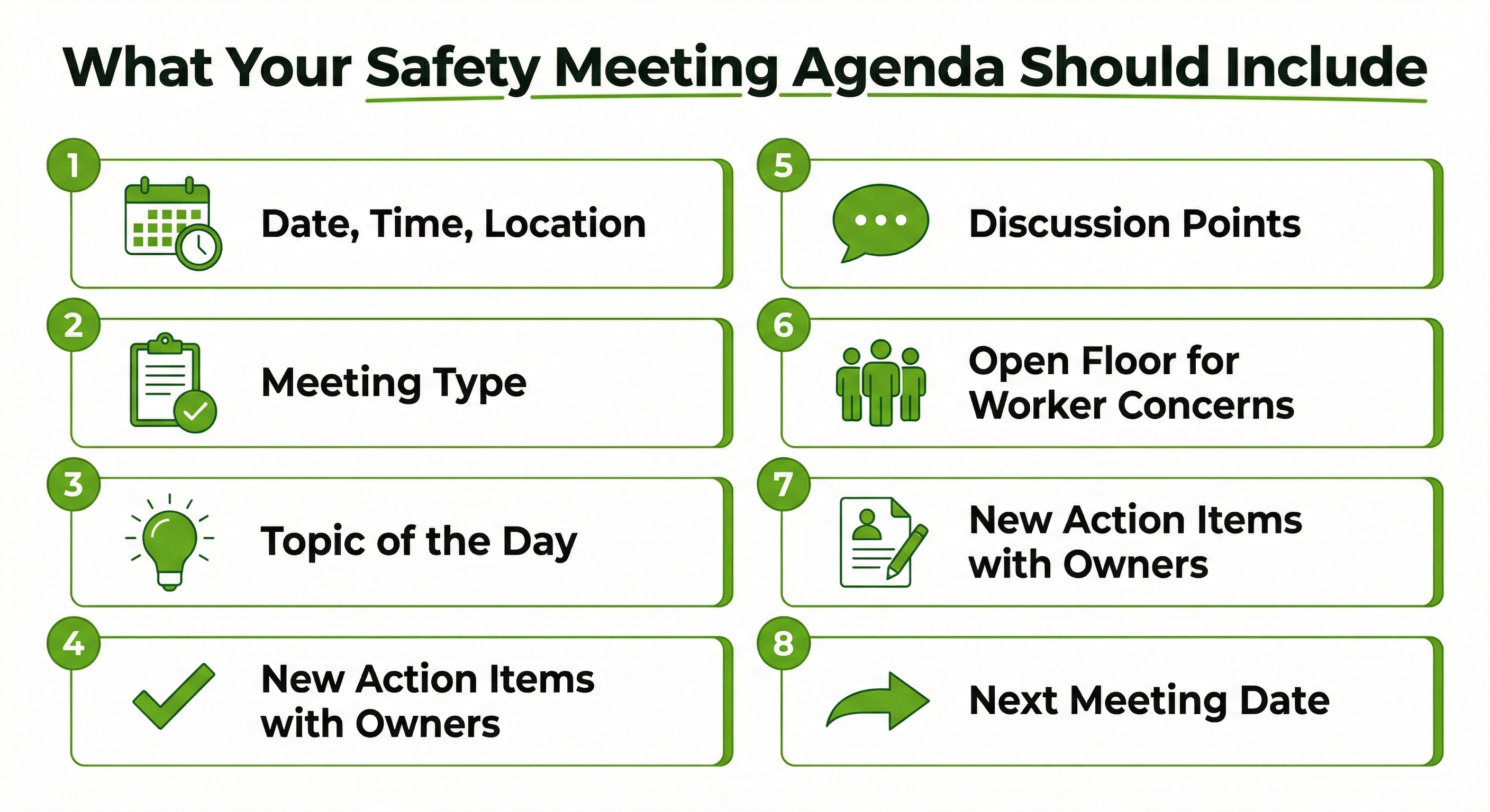 JSA 5-step workflow infographic for selecting job, breaking steps, identifying hazards, assigning controls, and briefing crews