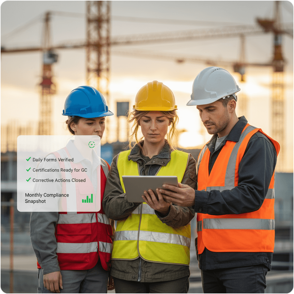 A team of three safety professionals, including a female lead in a yellow vest, reviewing safety documentation on a tablet at a construction site, with a lifted-out UI overlay displaying verified forms, certifications, and compliance metrics.