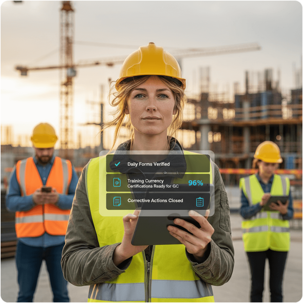 Lead safety professional using a digital safety platform on a construction site, with field workers completing forms and floating UI elements showing verified forms, training metrics, and compliance status.