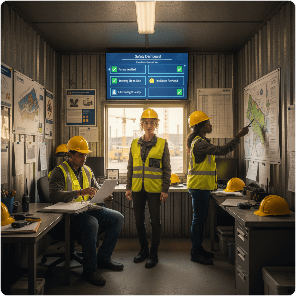 Safety team in a construction site trailer reviewing a digital safety dashboard, representing an outsourced safety department for construction companies.