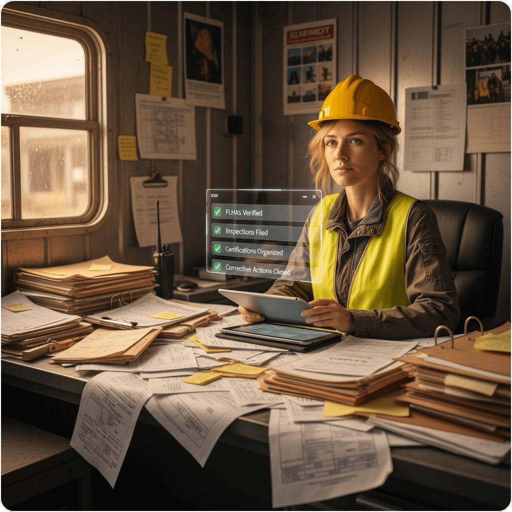 Safety professional in a site trailer reviewing messy safety paperwork with a clean digital dashboard overlay, illustrating how Safety Evolution organizes and manages safety admin.