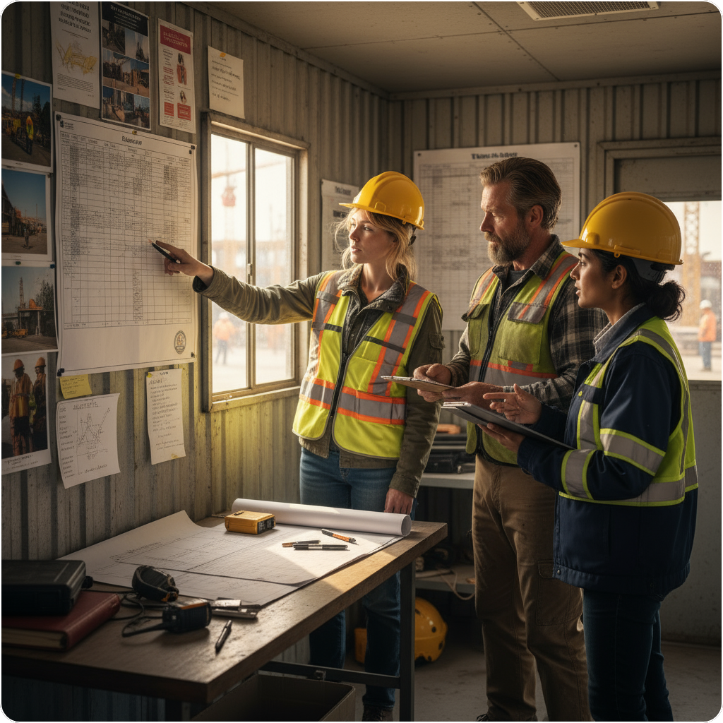 Construction supervisors and a safety professional meeting in a site trailer, representing the small and mid-sized contractors who benefit from outsourced safety services.