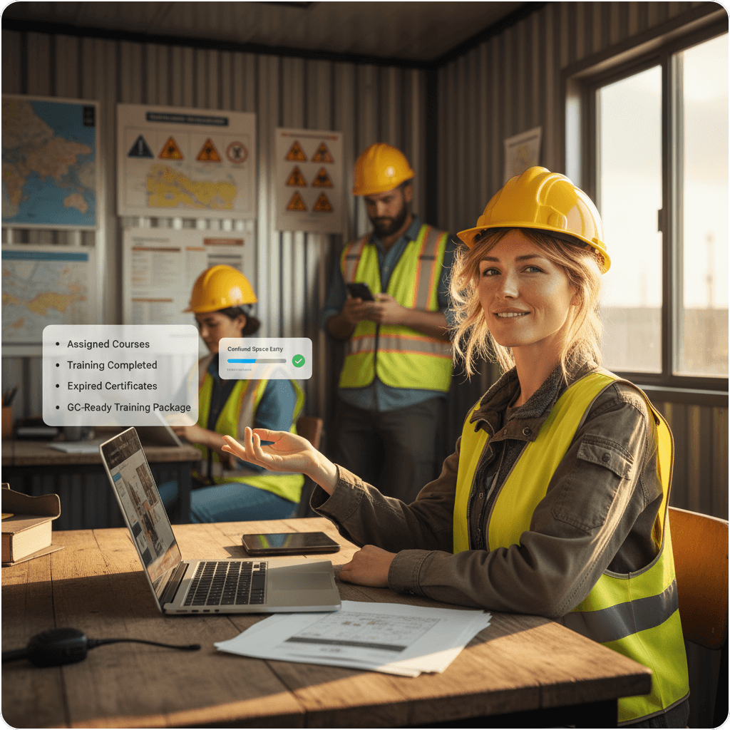 Safety professional managing online training in a site trailer while construction workers complete courses on mobile devices, with floating UI overlays showing training progress and certificates.
