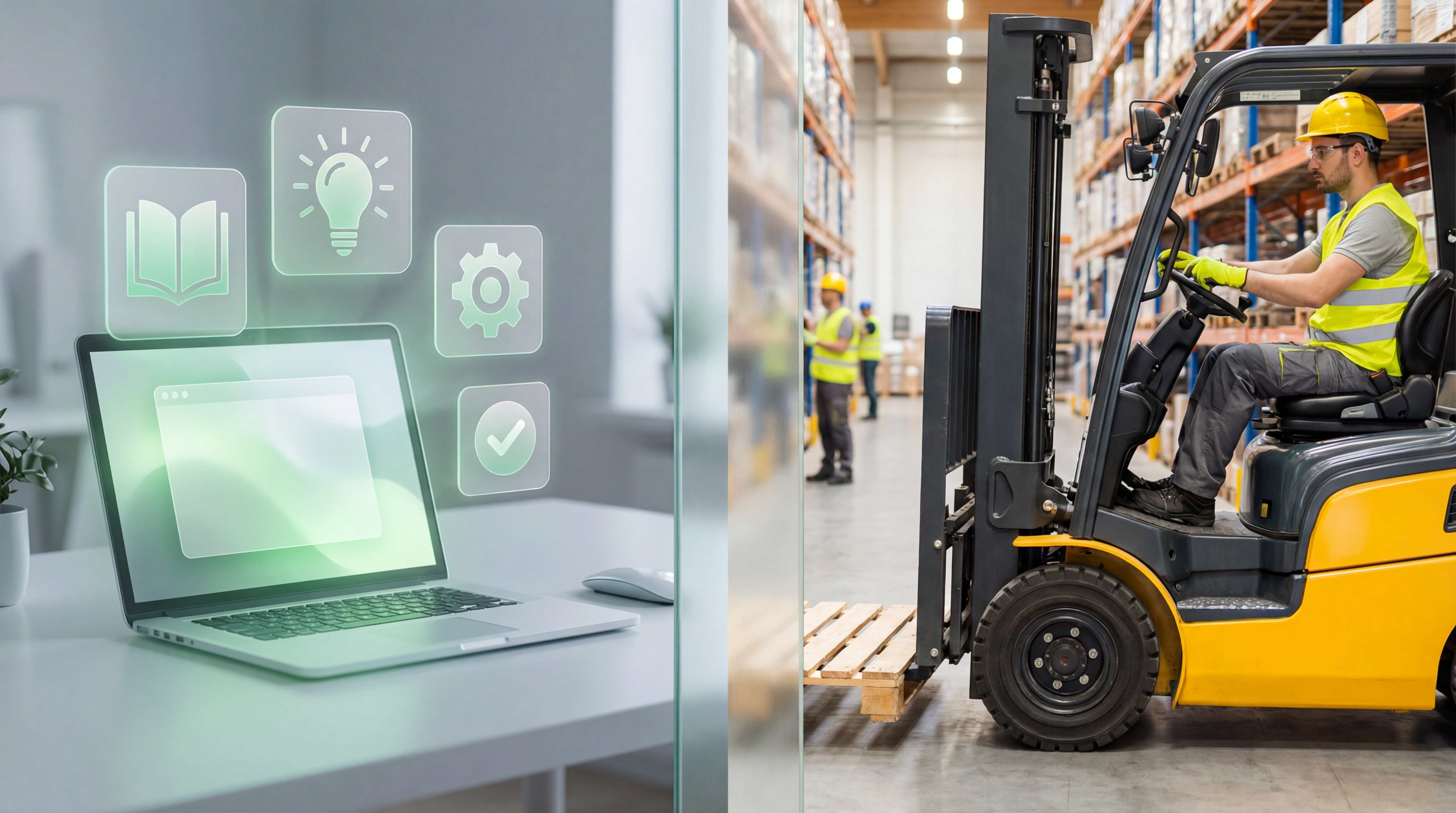 Online forklift training boundary: laptop with digital learning icons on left side, hands-on forklift operation in warehouse on right side showing what can and cannot be done online