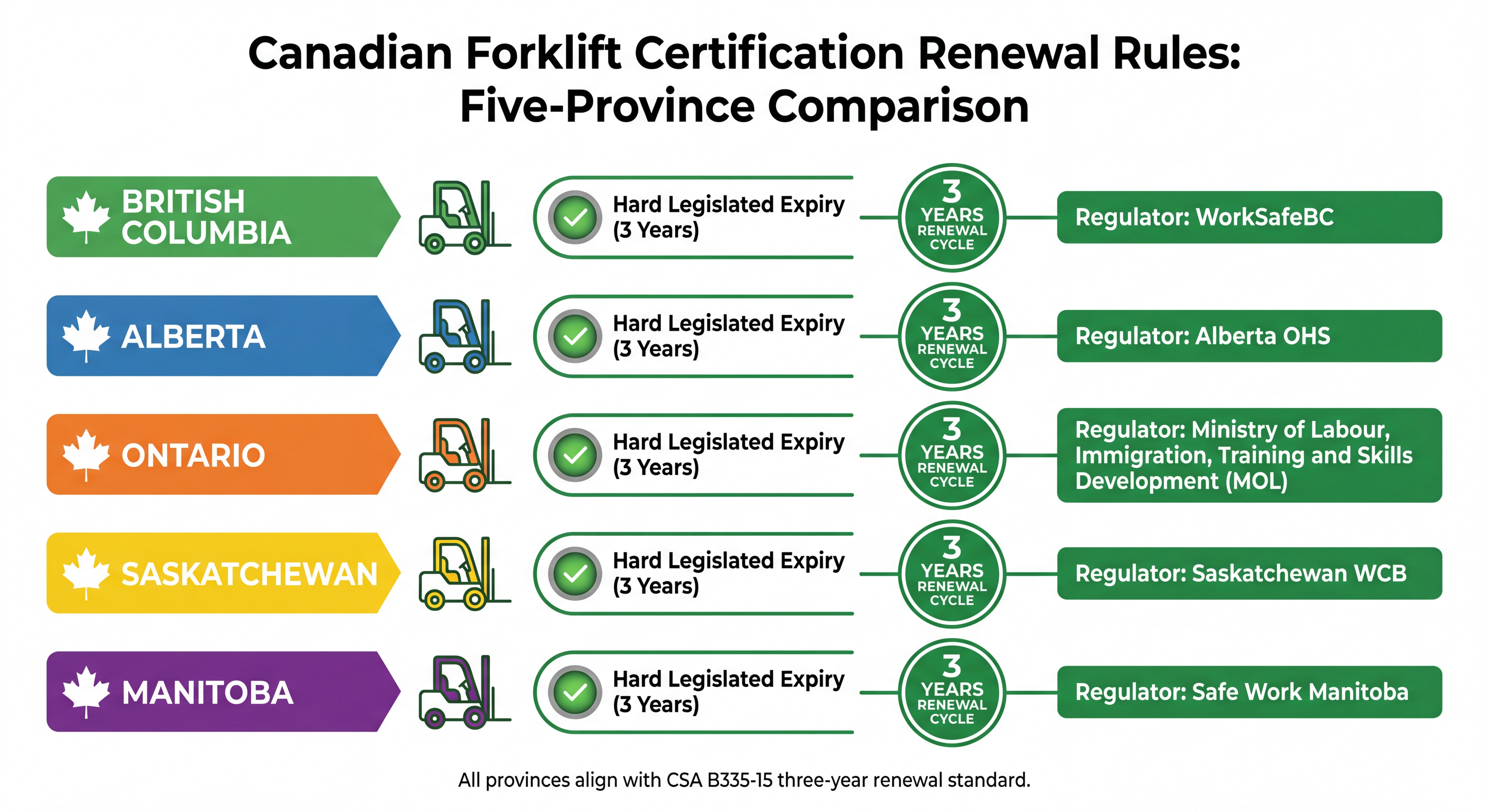 Infographic comparing Canadian forklift certification renewal rules across five provinces: BC, Alberta, Ontario, Saskatchewan, and Manitoba, showing the 3-year CSA B335-15 standard