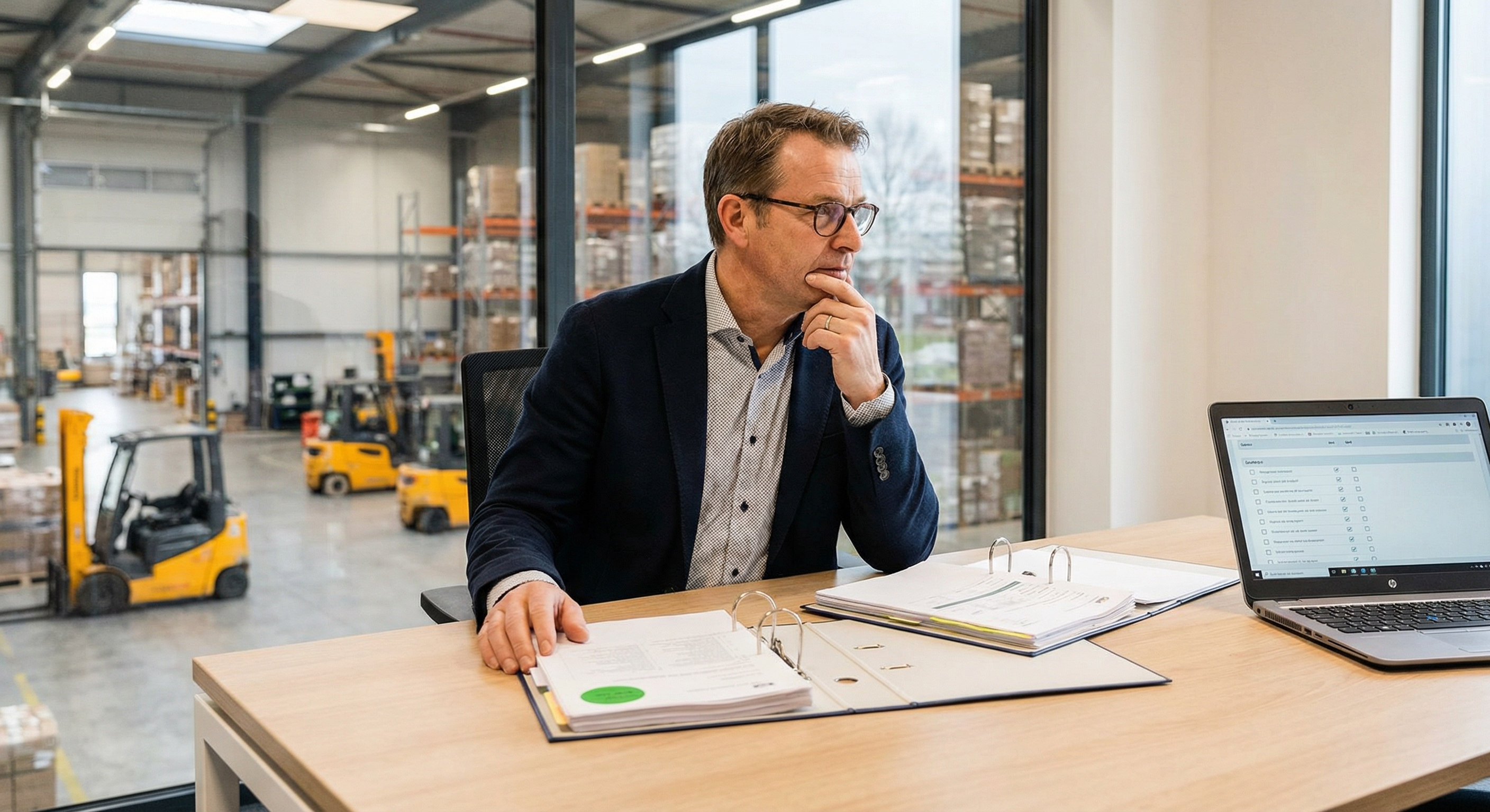 Safety coordinator evaluating forklift train-the-trainer provider options at a desk with training documents