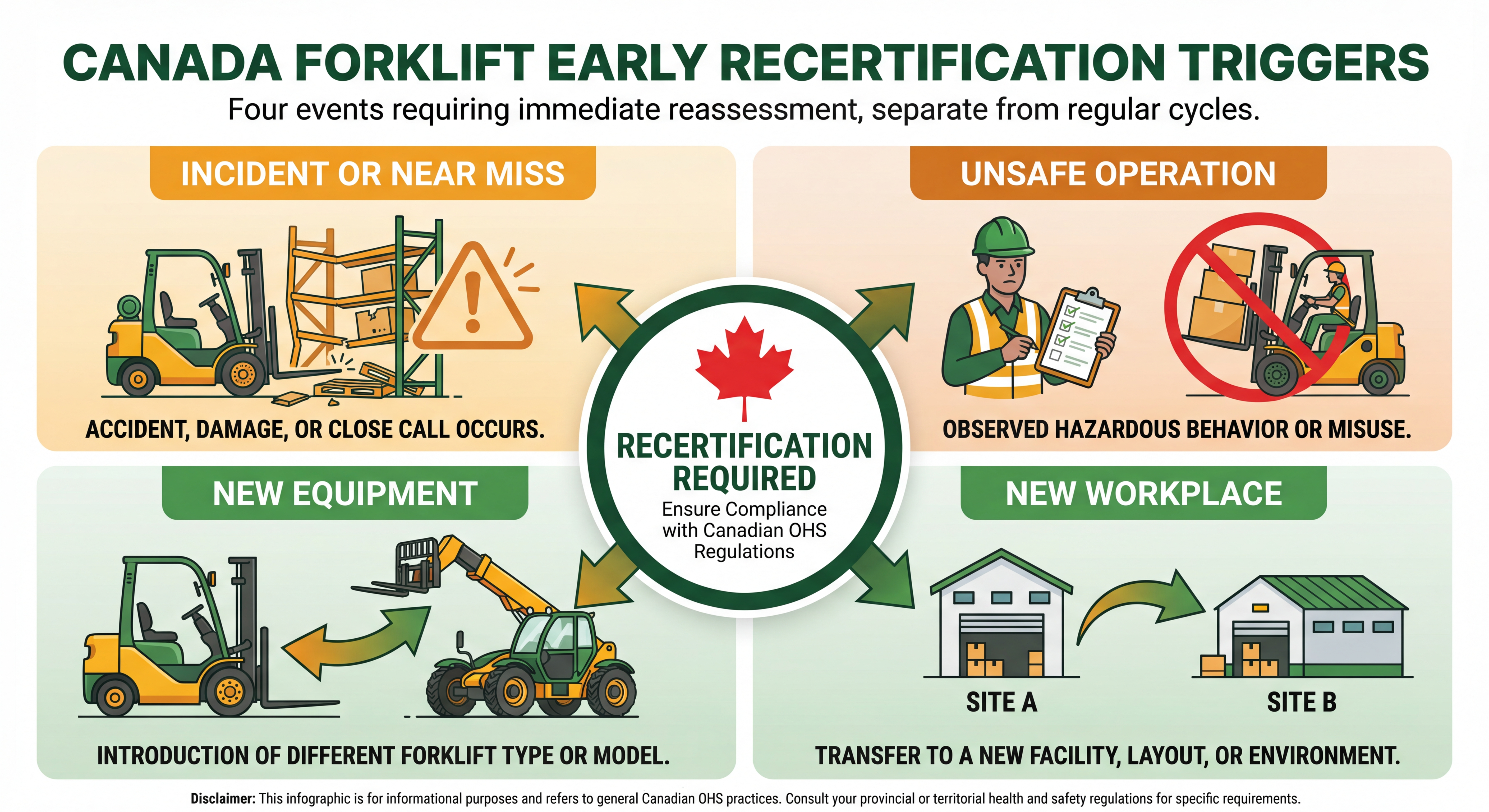 Four events that trigger early forklift recertification in Canada: incident or near miss, unsafe operation observed, new equipment type, and new workplace