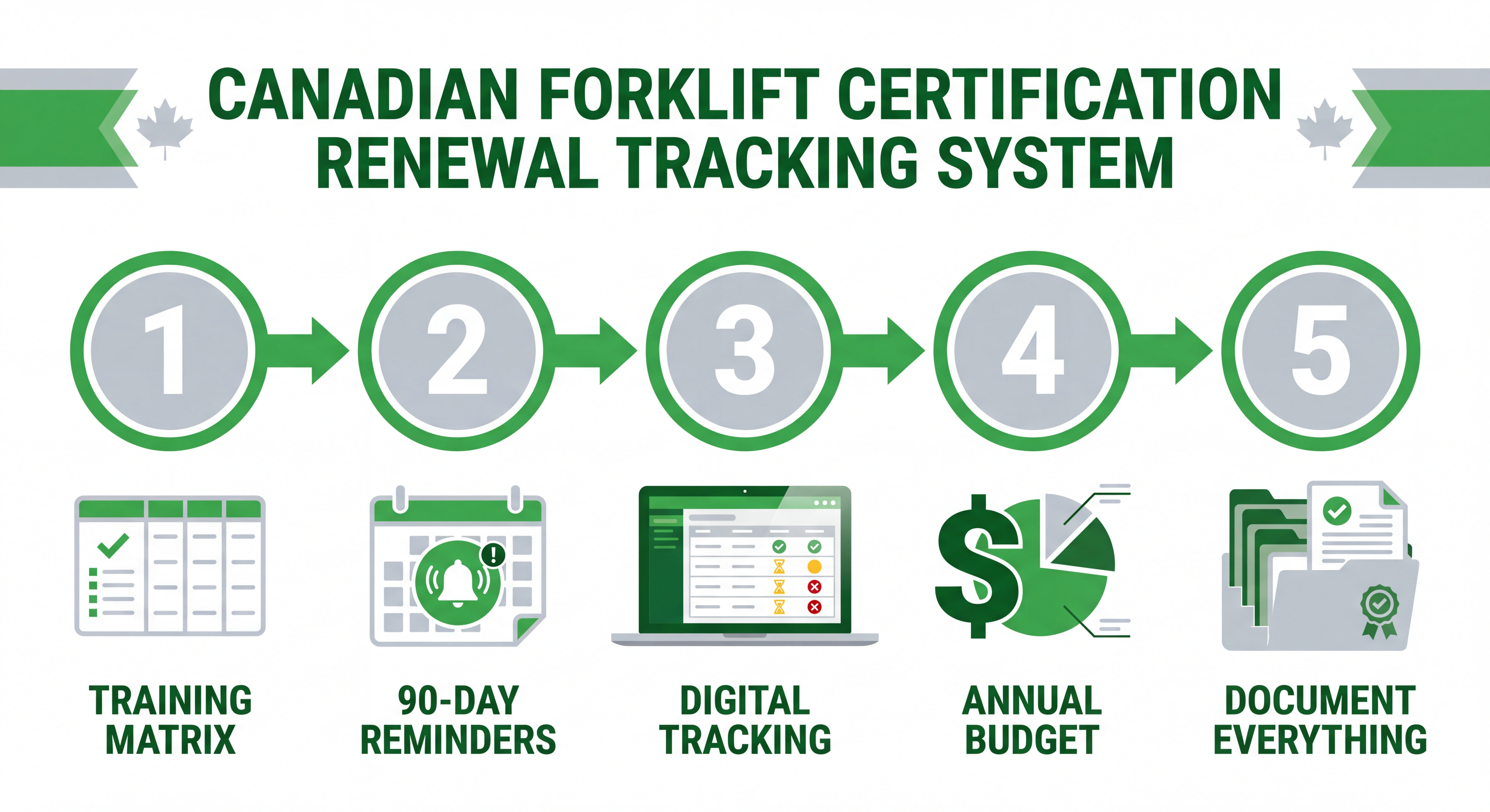 Five-step forklift certification renewal tracking system: training matrix, 90-day reminders, digital tracking, annual budget, and document everything