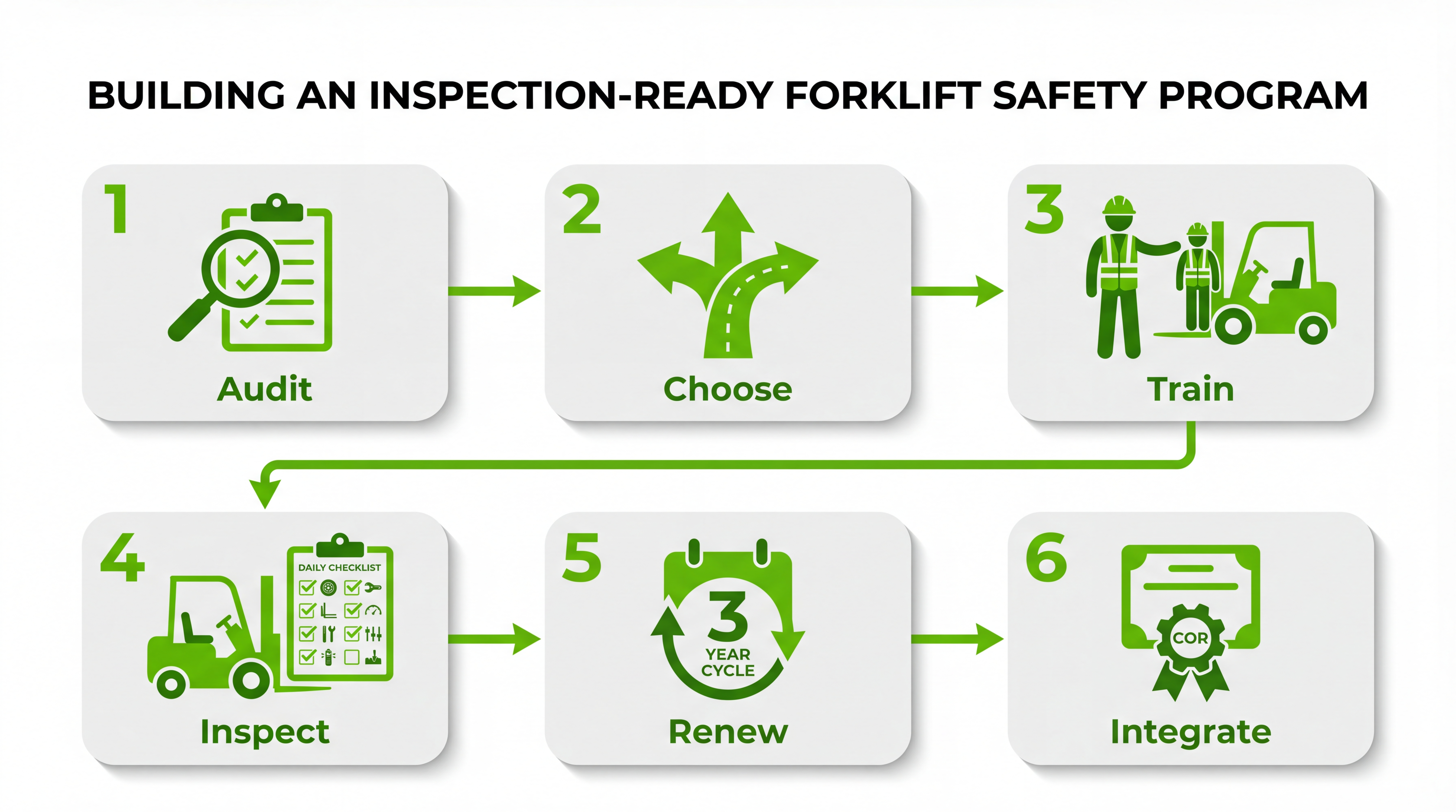 Six steps to build an inspection-ready forklift program in Alberta: audit, choose approach, train, implement inspections, track renewals, and integrate with COR