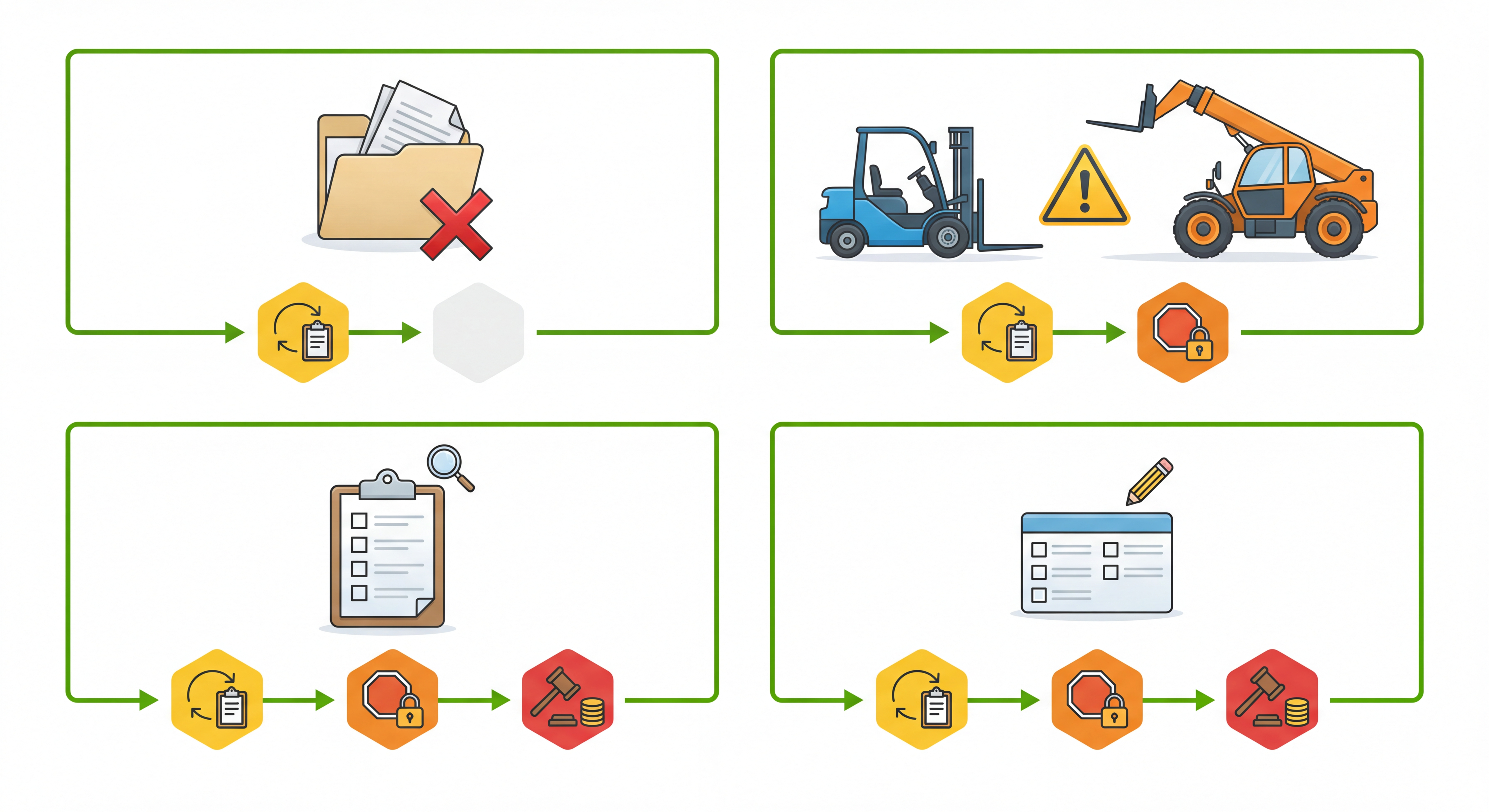 Common Alberta OHS forklift violations and enforcement consequences including compliance orders, stop-work orders, and administrative penalties