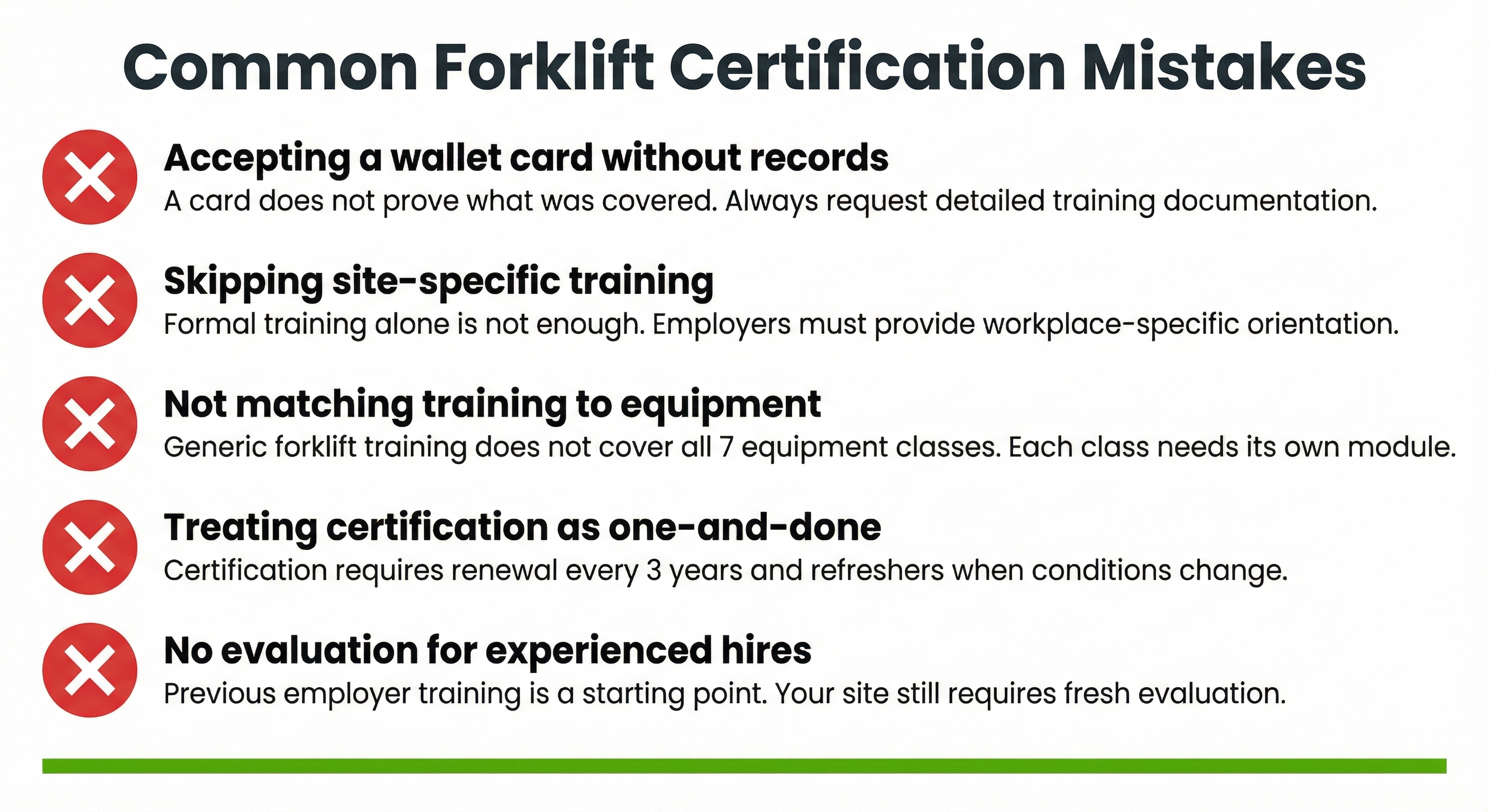 Common forklift certification mistakes in Canada: accepting wallet cards without records, skipping site-specific training, not matching training to equipment, treating certification as one-and-done, no evaluation for experienced hires