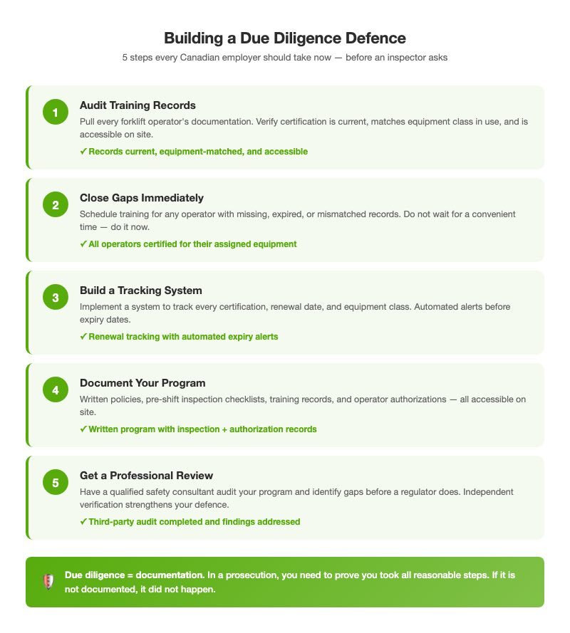 Building a due diligence defence: 5 steps every Canadian employer should take — audit records, close gaps, build tracking, document program, get professional review