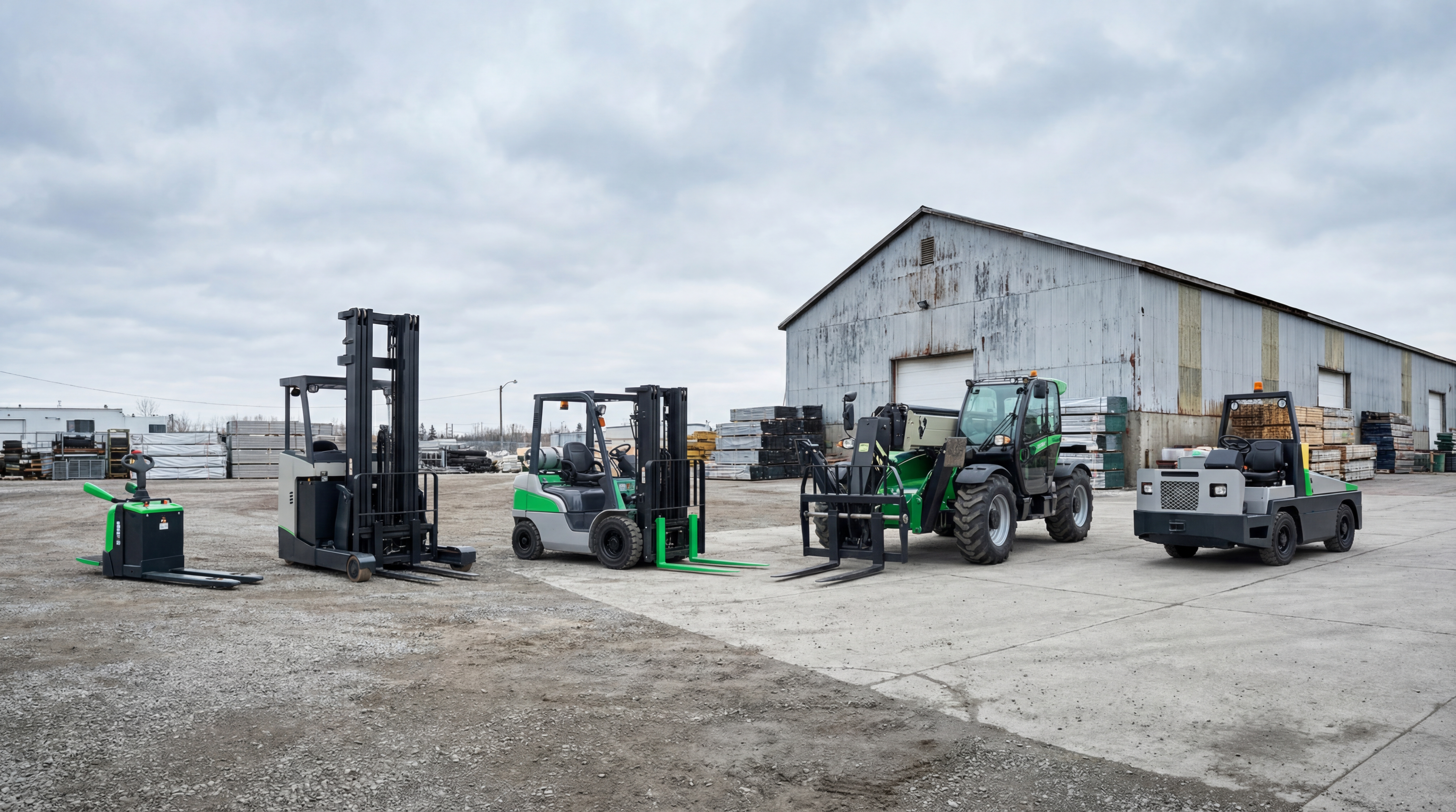 Lineup of different powered industrial trucks showing the diversity of the 7 forklift classes from pallet jacks to telehandlers
