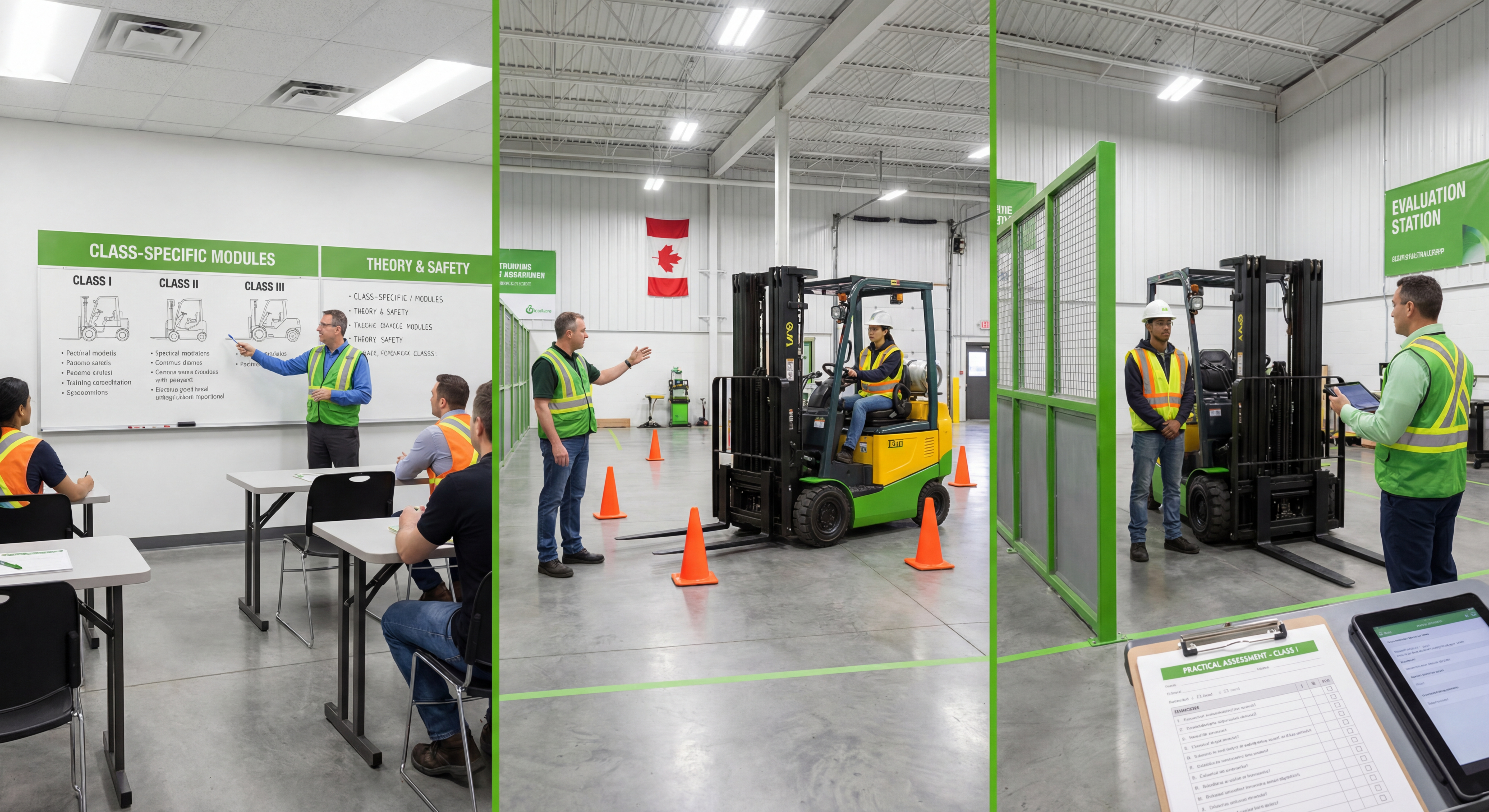 Canadian forklift training facility showing classroom instruction, practical hands-on training, and competency evaluation for each equipment class