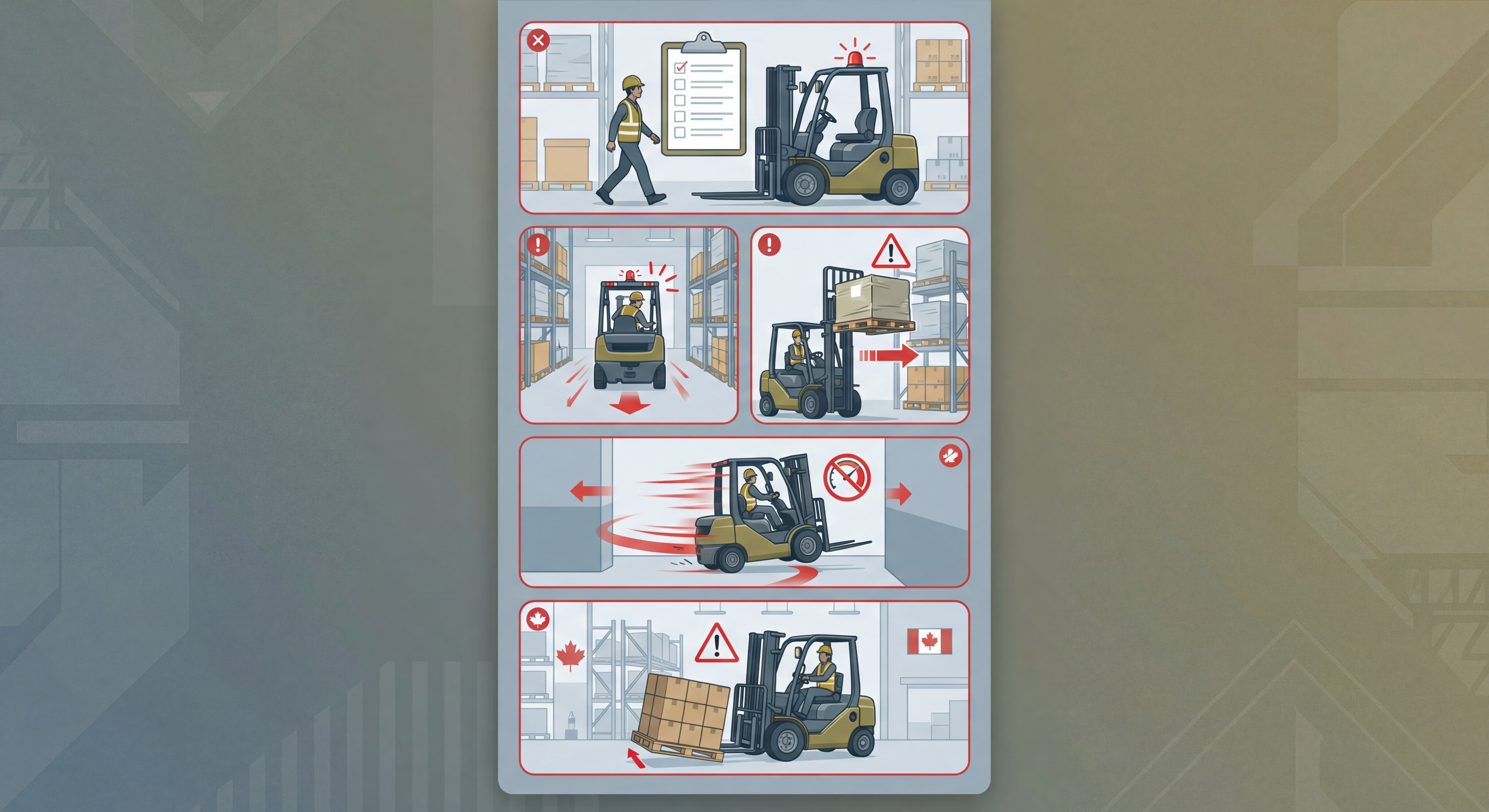 Common forklift certification exam failures: skipping pre-operation inspection, not looking in direction of travel, traveling with forks raised, speeding on turns, and poor load handling approach