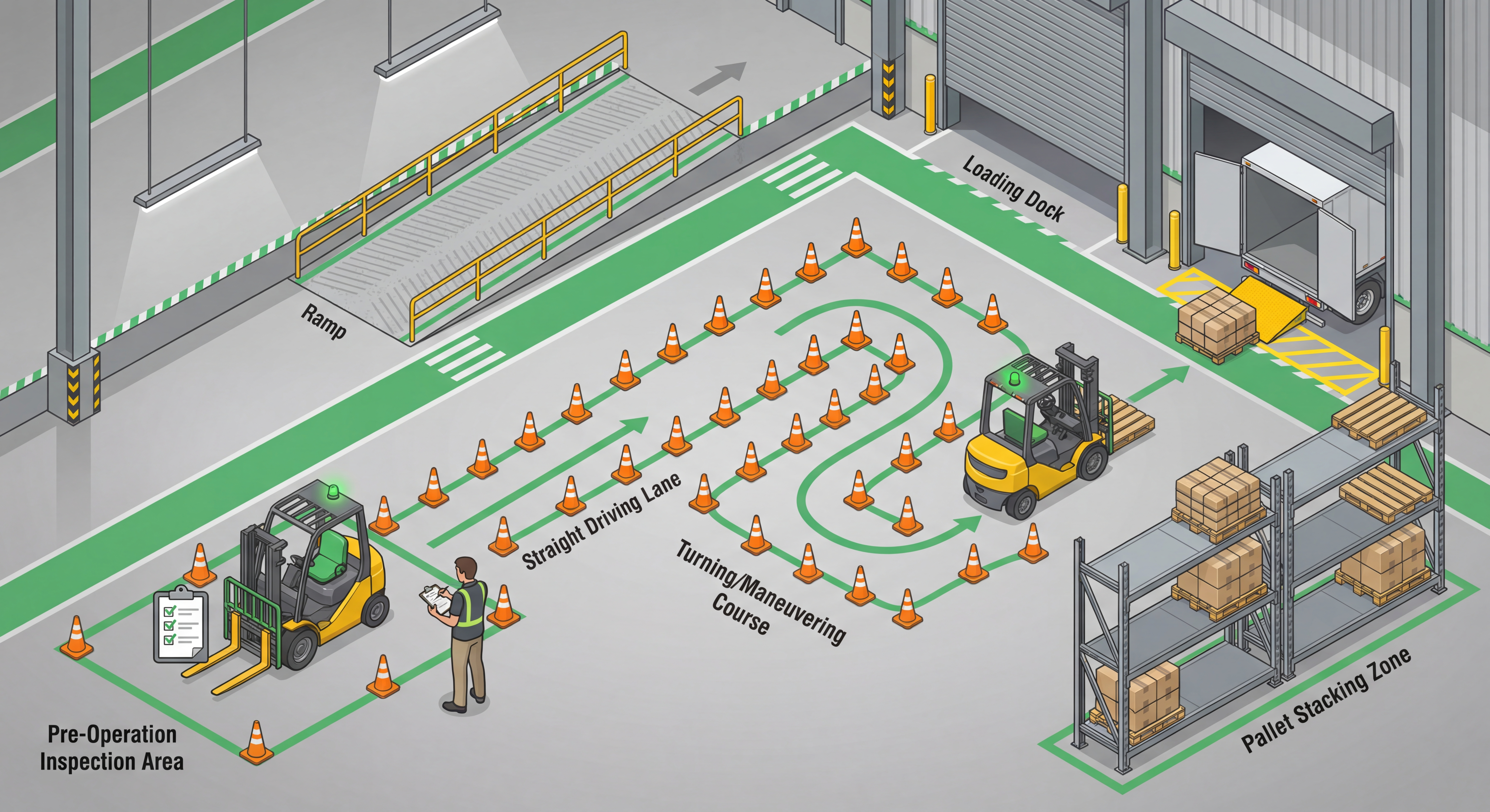 Isometric illustration of a forklift practical evaluation course showing pre-operation inspection area, driving lanes, maneuvering course with cones, pallet stacking zone, loading dock, and ramp