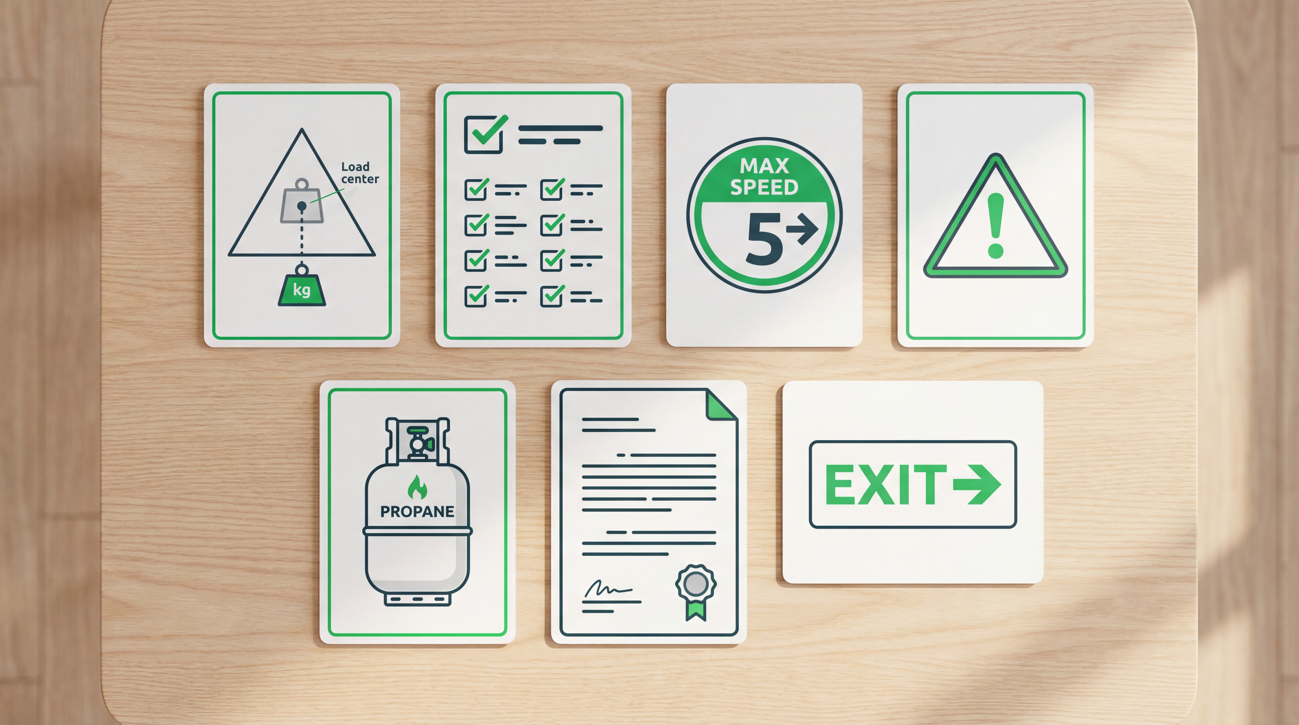 Forklift written knowledge test study materials covering stability triangle, pre-operation inspection, operating rules, hazard identification, refueling procedures, and emergency protocols