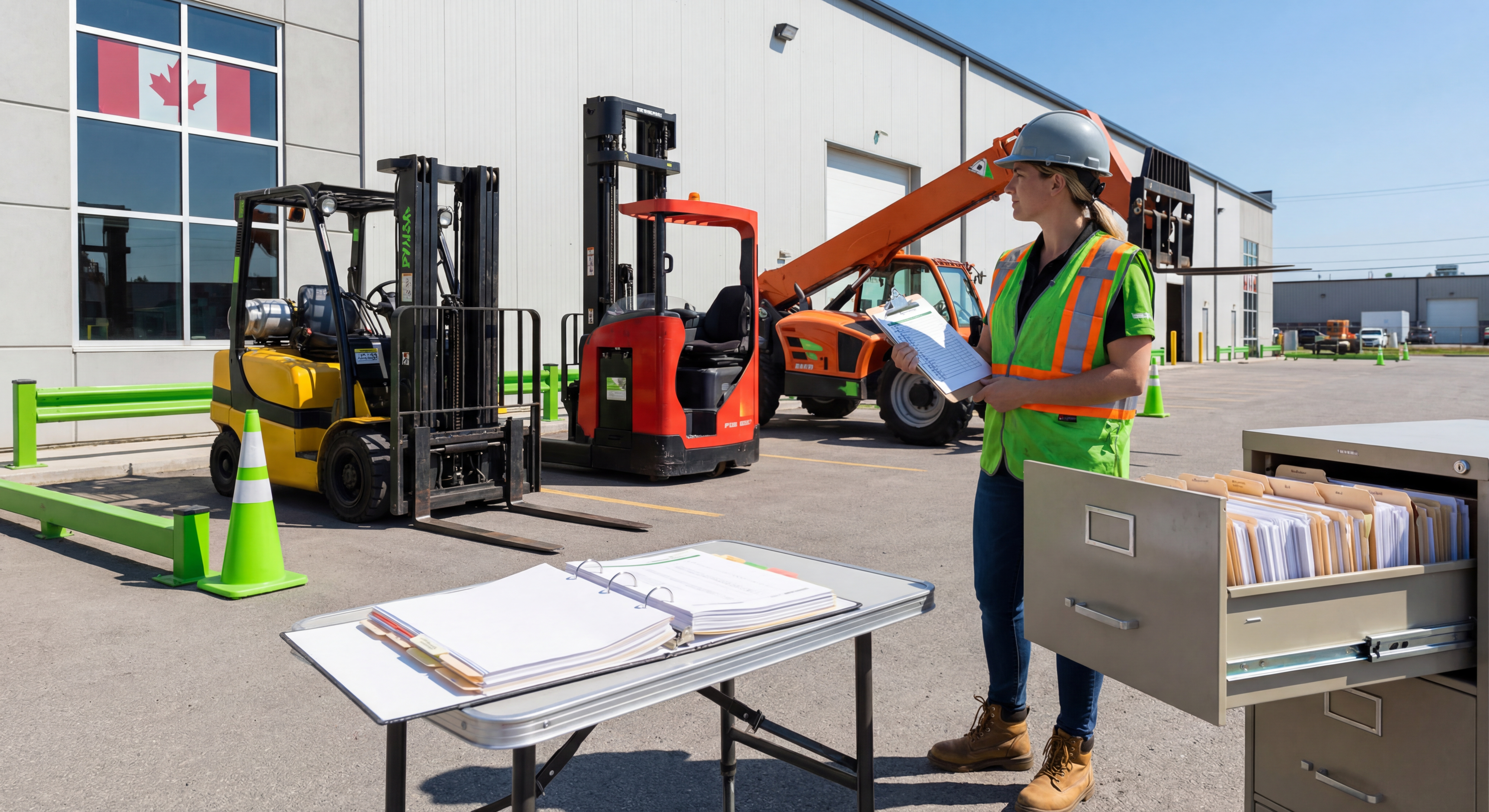 Supervisor conducting a forklift fleet audit, matching equipment types to operator training records at a Canadian industrial yard