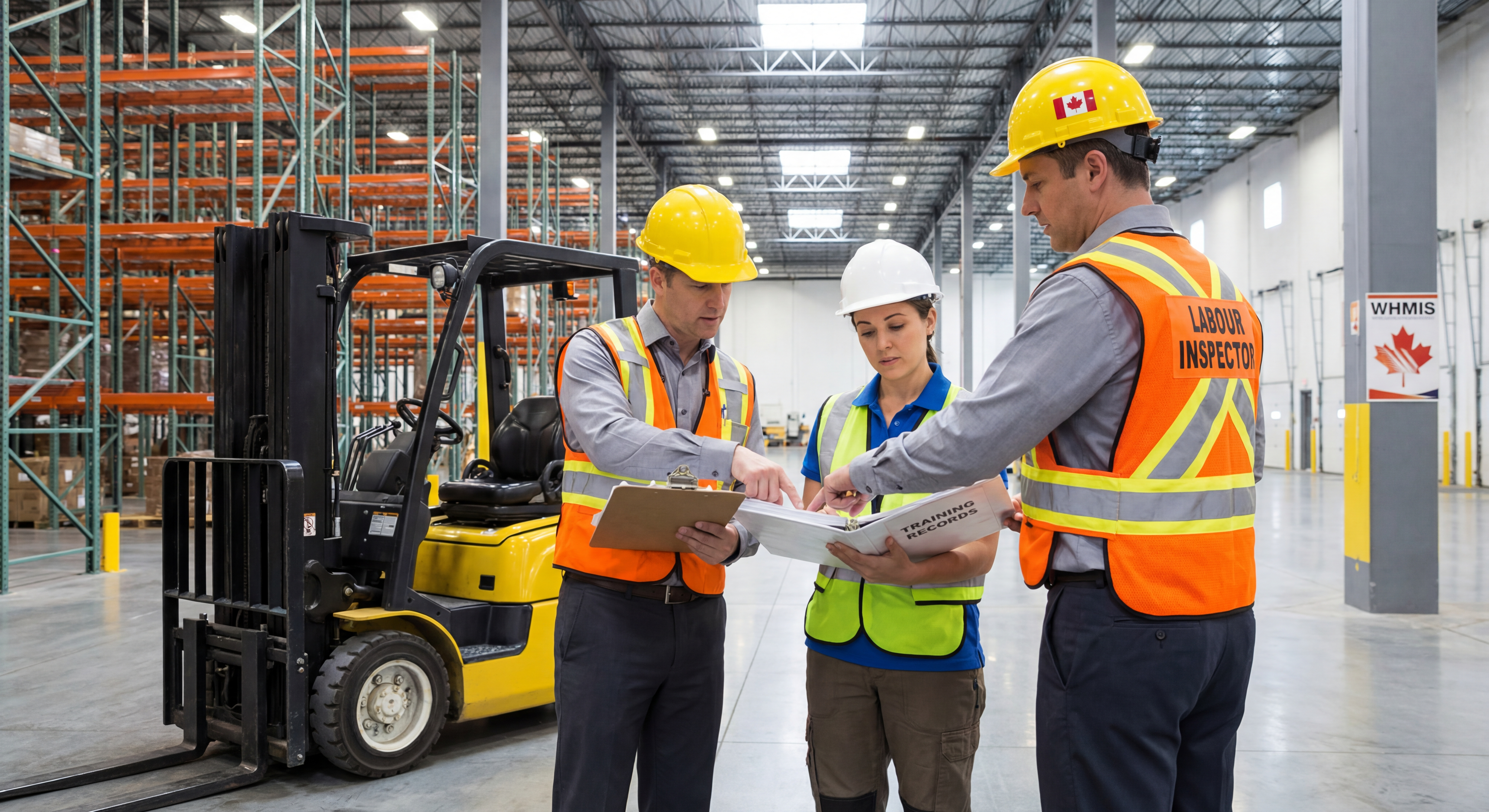 Ontario MOL inspector reviewing forklift operator training records during a warehouse safety inspection