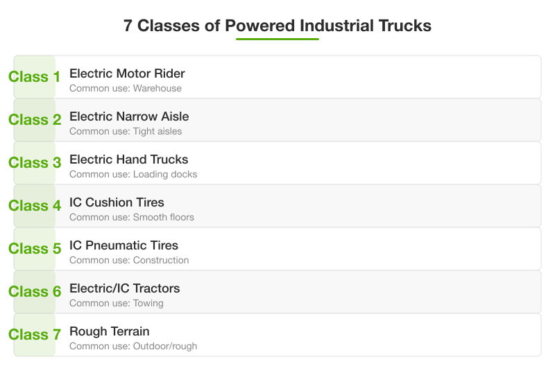Seven classes of powered industrial trucks (forklifts) in Canada with icons and common workplace uses