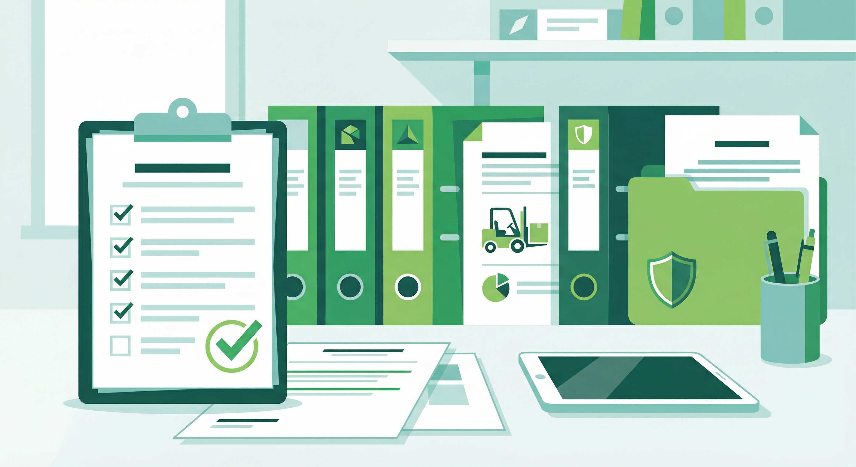 Audit-ready forklift safety program documentation showing organized binders, inspection logs, and compliance checklists