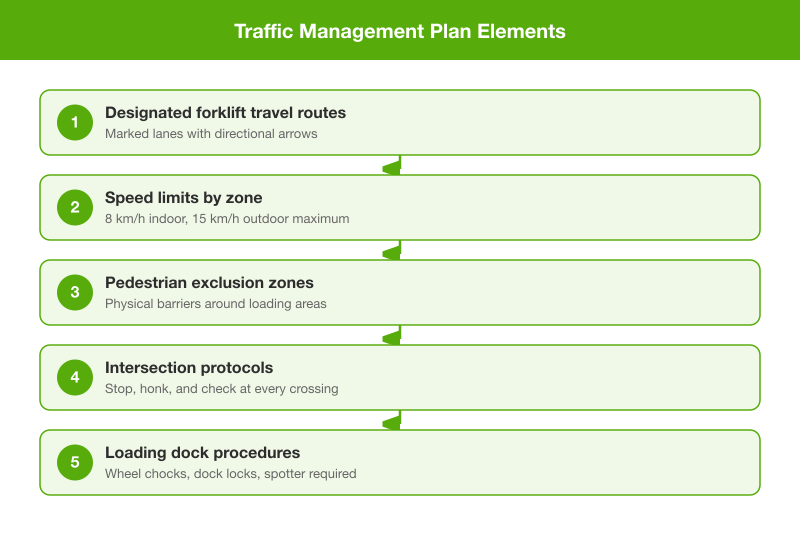 Forklift traffic management plan showing designated routes, speed limits, exclusion zones, and pedestrian barriers