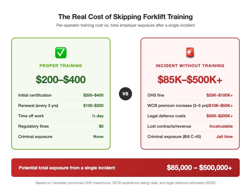 The real cost of skipping forklift training: $200-$400 per operator vs $85,000-$500,000+ total exposure from a single incident