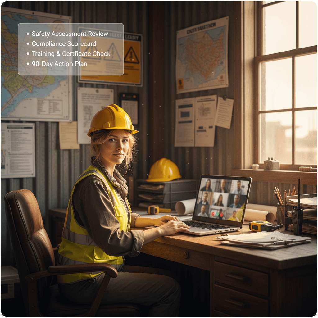 Safety professional in a construction site trailer conducting a virtual safety assessment on her laptop, with a readable UI overlay in the top-left corner showing a compliance scorecard and action plan items.