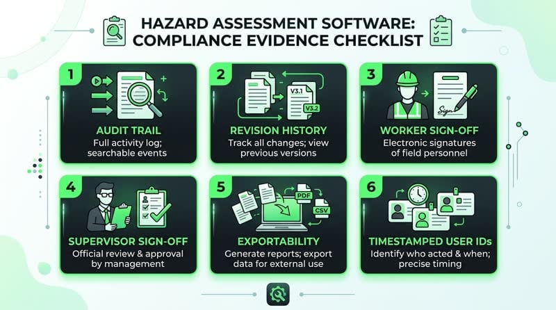 Compliance evidence checklist for job hazard analysis software showing audit trail, revision history, sign-off integrity, exportability, and timestamped user IDs