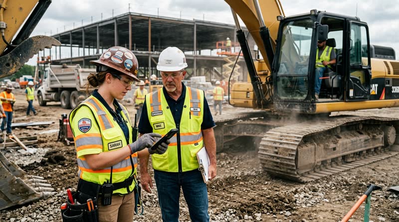 Field worker completing a mobile job hazard assessment near active equipment with supervisor oversight