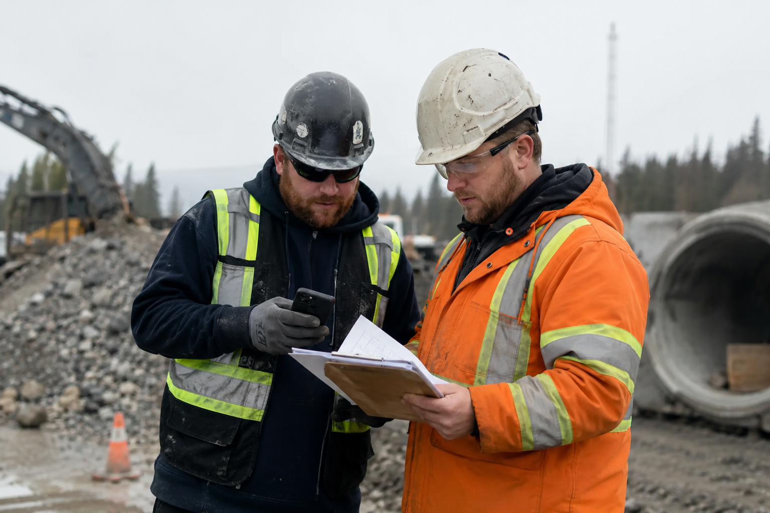 Canadian field supervisor reviewing a near miss with paperwork on an active construction site