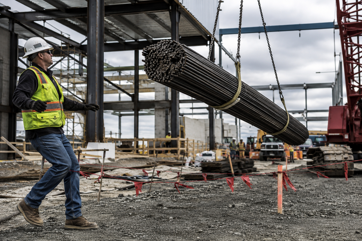 Worker stepping back as a suspended load swings through an exclusion zone on a construction site