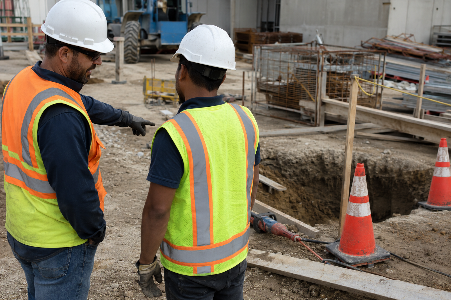 Construction team reviewing a hazard area and discussing risk classification on a jobsite