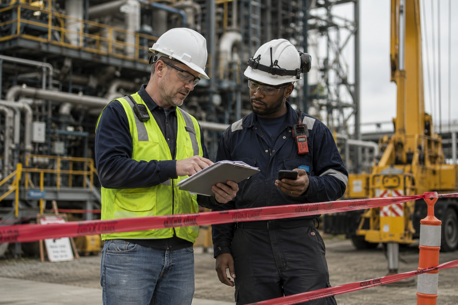 Supervisor and worker reviewing a secured hazard area during a near miss investigation