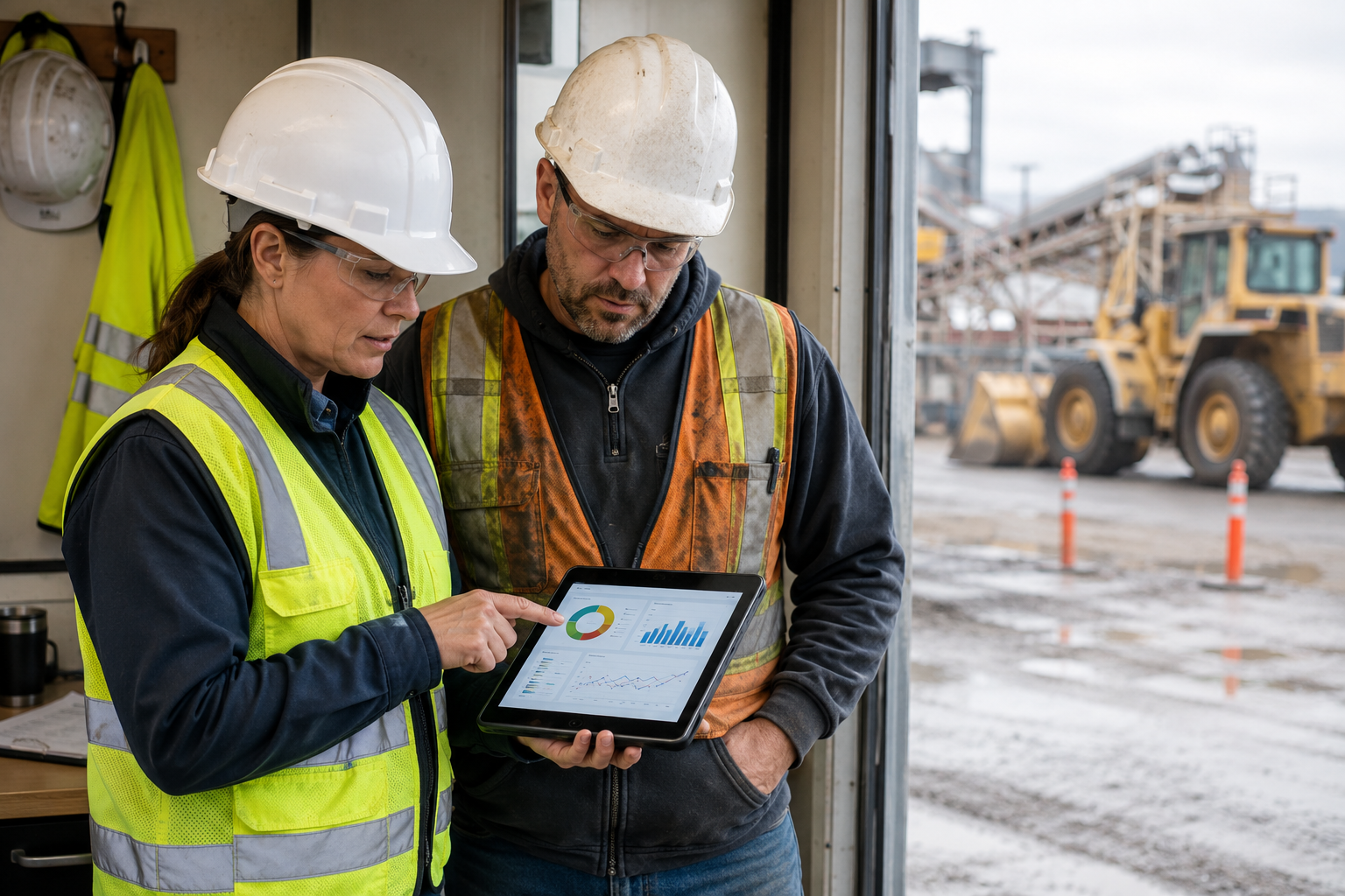 Supervisor and safety manager reviewing a near miss dashboard on a tablet in a site trailer
