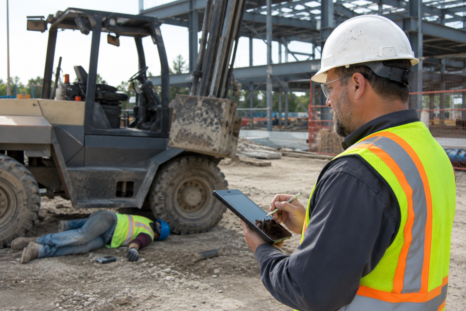 US jobsite supervisor documenting a close call beside mobile equipment in an active work zone