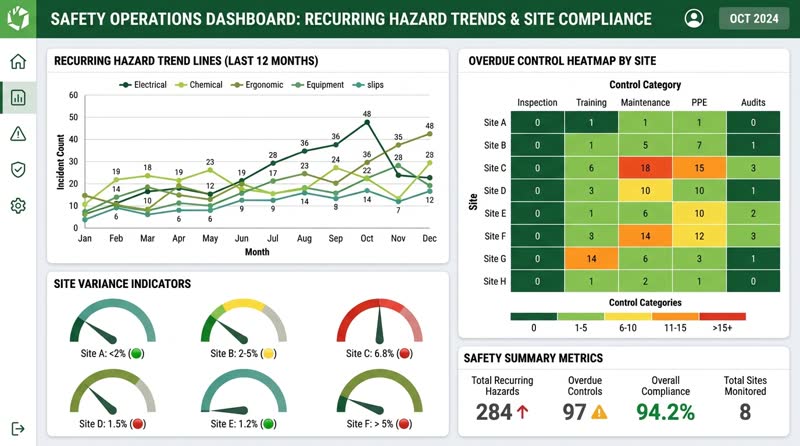 Dashboard visualization of recurring hazard trends, overdue controls, and site-level variance