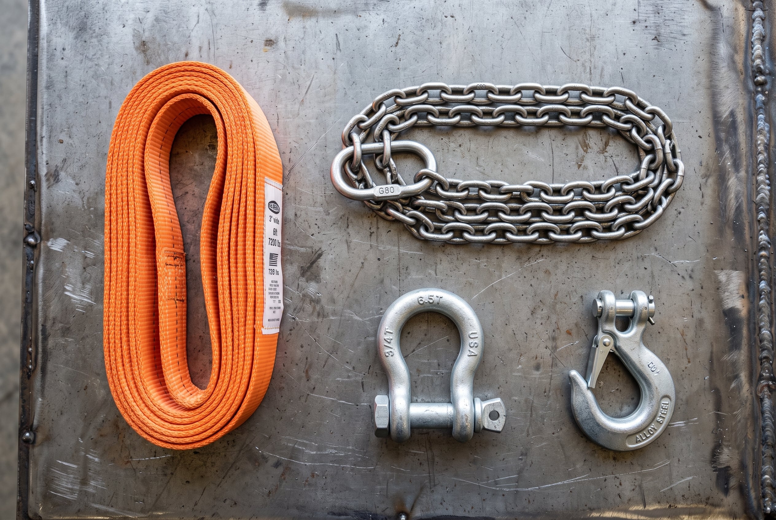 Flat-lay of rigging equipment including synthetic web sling, alloy chain, shackle, and hook for inspection