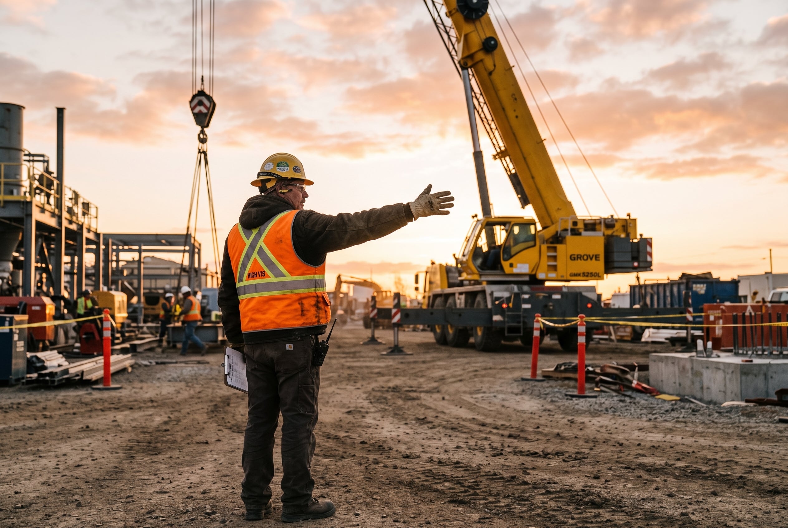 Signal person in high-visibility vest using standard hand signals during a pre-lift safety inspection