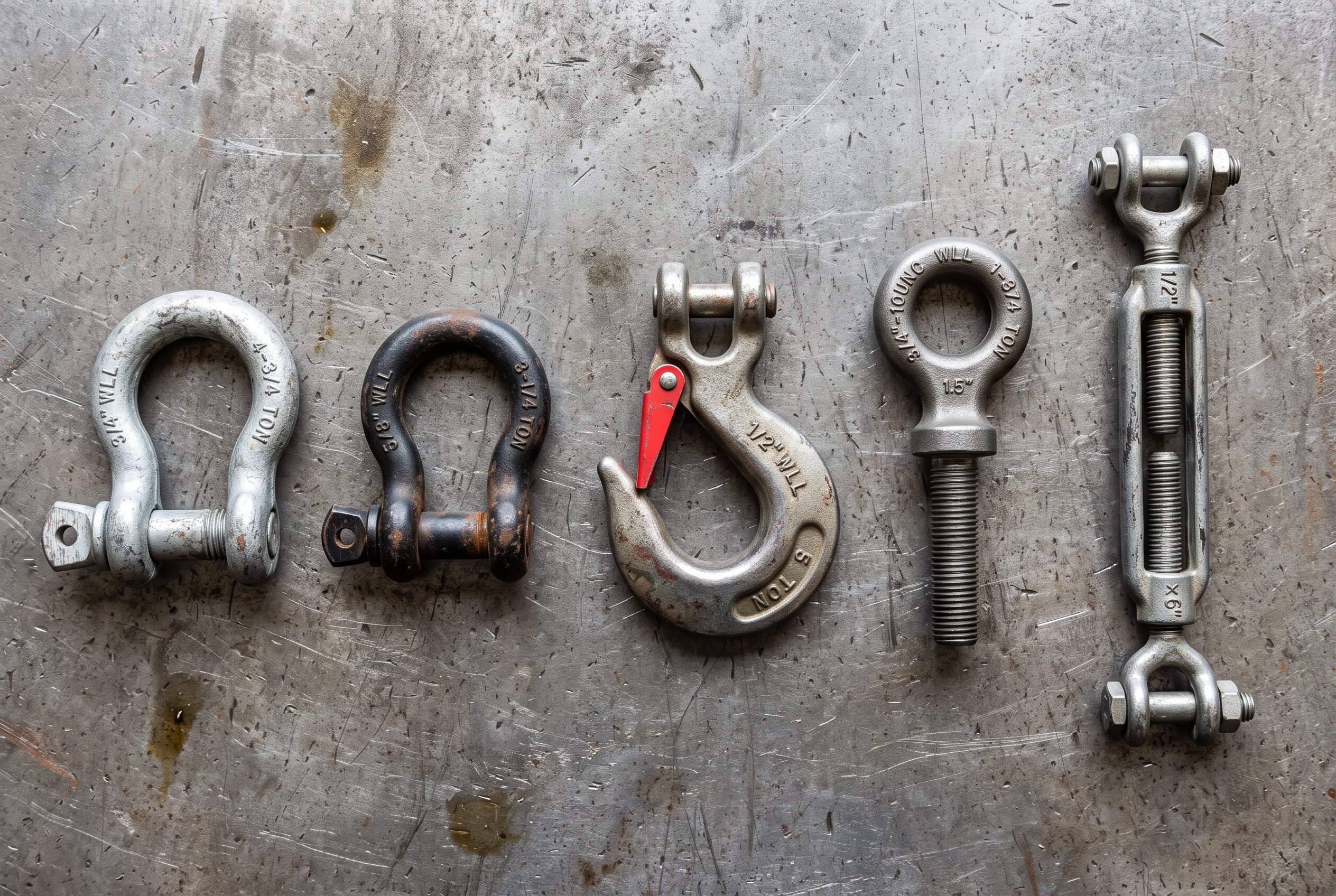 Flat-lay of industrial rigging hardware including anchor shackle, chain shackle, hook with safety latch, shoulder eye bolt, and turnbuckle