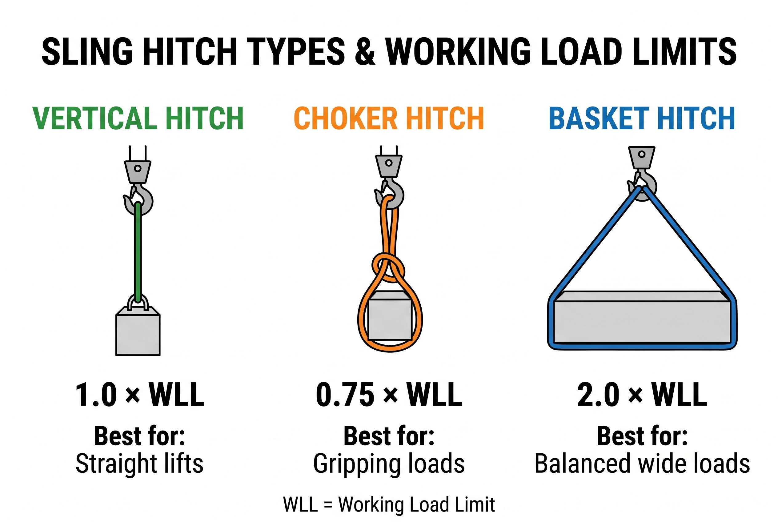 Sling hitch types and working load limits showing vertical 1.0x WLL, choker 0.75x WLL, and basket 2.0x WLL