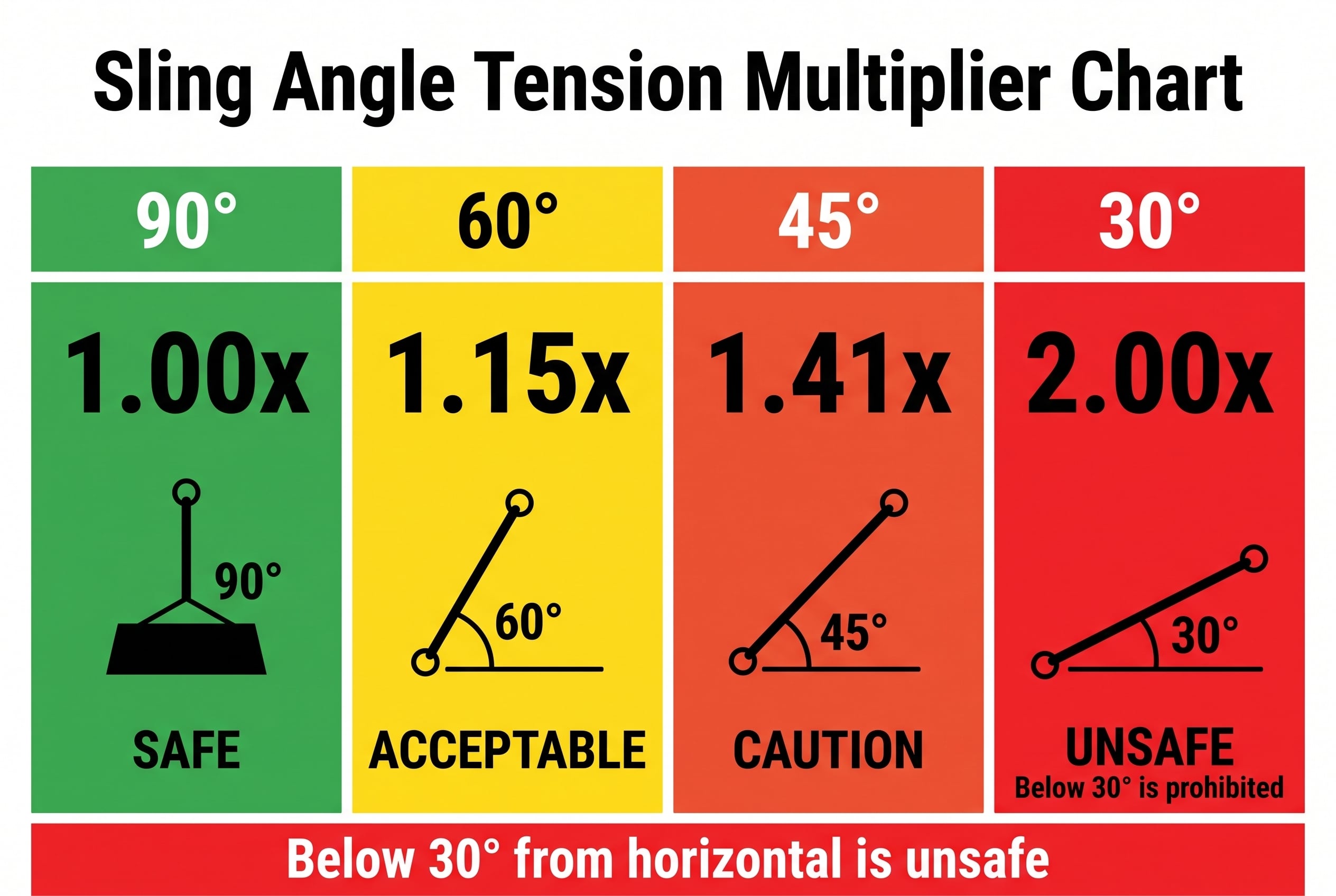 Sling angle tension multiplier chart showing 90 degrees equals 1.00x tension, 60 degrees equals 1.15x, 45 degrees equals 1.41x, and 30 degrees equals 2.00x