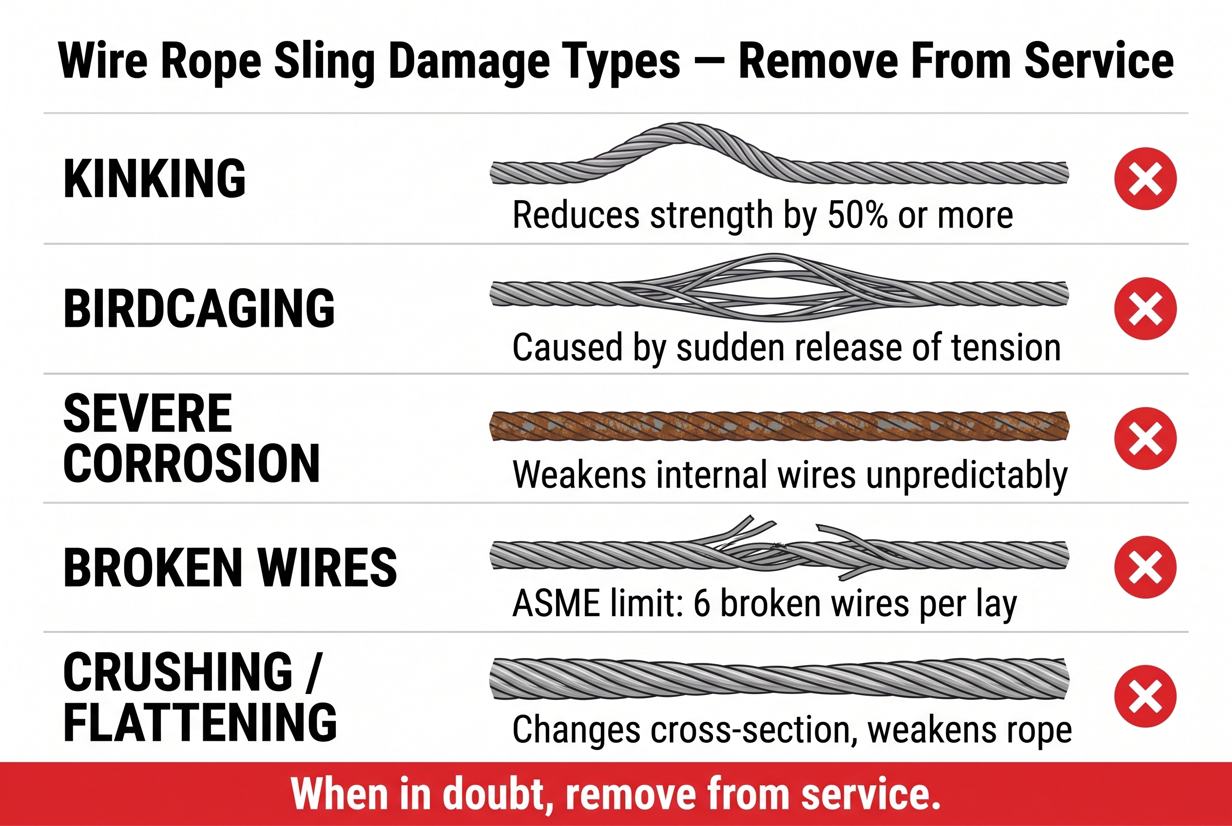 Wire rope sling damage types showing kinking, birdcaging, severe corrosion, broken wires, and crushing